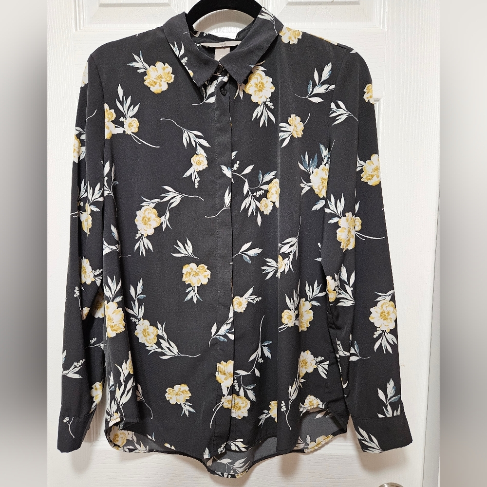 H&M Women's Black Button Down With Yellow/White Floral